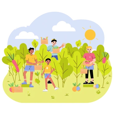 A sunny field filled with vibrant green rhubarb plants. Several children, wearing colorful shirts and shorts, are joyfully picking rhubarb stalks. Each child is holding a woven basket filled with freshly picked rhubarb. The sun casts warm light, creating playful shadows on the ground. In the background, a blue sky with fluffy white clouds adds to the cheerful atmosphere.