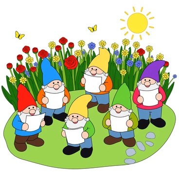 A choir of six small garden gnomes standing on a patch of green grass in a lush garden. Each gnome has a distinct appearance, with colorful hats: one red, one blue, one yellow, one green, one purple, and one orange. They are holding sheet music in their hands, each looking at their sheets with focused expressions. The gnomes are arranged in a semicircle, and behind them are vibrant flowers in various colors, including red roses, yellow daisies, and bluebells. The sun is shining brightly, and there are a few butterflies fluttering around the garden. A small stone path winds through the background, adding depth to the scene.