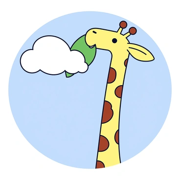 A cartoon giraffe with a light yellow body and brown spots is stretching its long neck upwards. The giraffe's head is tilted slightly as it attempts to nibble on a fluffy cloud shaped like a green leaf. The cloud is soft and puffy, with a bright white color contrasting with the blue sky background. The giraffe has large, cartoonish eyes and a playful expression.