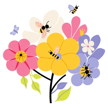 A close-up view of a cluster of colorful flowers in full bloom, showcasing an array of petals in shades of pink, yellow, purple, and white. Several bees with fuzzy bodies are depicted buzzing around, landing on the flowers to gather nectar. Delicate butterflies with intricate wing patterns flutter among the blossoms, adding vibrant colors to the scene. The background is softly blurred to emphasize the activity of the bees and butterflies as they pollinate the diverse flowers.