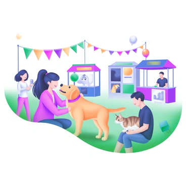 A vibrant scene at a pet adoption fair featuring people engaging with various adorable pets. In the foreground, a young woman is kneeling down, playfully interacting with a fluffy golden retriever puppy, its tail wagging enthusiastically. Nearby, a child is holding a small, fluffy bunny with a gentle smile on their face. In another area, a man is sitting on the grass while a playful tabby cat crawls onto his lap, enjoying the attention. Colorful banners and balloons are visible in the background, creating a festive atmosphere. Several pet adoption booths are set up, showcasing information about different animals available for adoption.