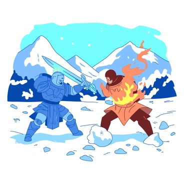 A blue ice warrior is engaged in combat with an orange fire spirit in a snowy landscape. The ice warrior is adorned with shimmering armor that reflects the surrounding snowflakes, while its icy sword glows with a cold light. The fire spirit, with bright flames flickering around its form, is casting fiery spells, leaving trails of embers in the air. Snow drifts swirl around them, creating a contrast between the icy terrain and the fiery elements. In the background, tall snow-covered mountains rise under a clear blue sky, adding depth to the battlefield.