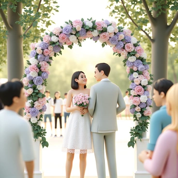A couple standing under a beautifully arranged floral arch in a park. The arch is adorned with a variety of vibrant flowers in shades of pink, white, and purple, intertwined with lush green vines. The woman, wearing a white lace wedding dress, holds a bouquet of matching flowers. The man, dressed in a light gray suit with a white shirt, gazes lovingly at her. Surrounding them are tall trees with green leaves, and a few people in the background are smiling and watching the vow renewal ceremony. Sunlight filters through the branches, creating a warm atmosphere.
