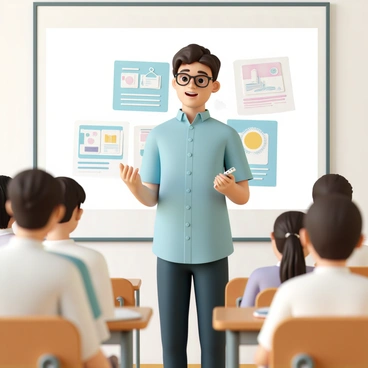 A high school student, wearing a light blue button-up shirt and dark jeans, stands confidently at the front of the classroom. He is holding a remote control to advance his presentation slides. Behind him, a large projector screen displays colorful visual aids related to historical events. The classroom is filled with wooden desks, and several classmates can be seen attentively watching, some taking notes. The student has short brown hair and glasses, and he is gesturing towards the screen while maintaining eye contact with his audience.