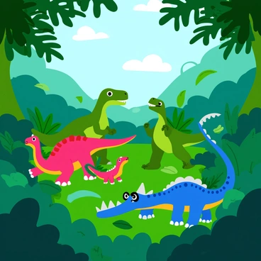 A group of flat-3D dinosaurs of various species, including a T-rex and a triceratops, are roaming in a dense jungle. The vibrant green foliage is filled with oversized prehistoric plants, such as tall ferns and broad-leafed trees. The dinosaurs display various colors, with bright greens, blues, and reds in their designs. Sunlight filters through the thick canopy above, creating dappled light patterns on the jungle floor. The scene is lively with the dinosaurs interacting with their environment, one dinosaur nibbling on a fern while another playfully chases a smaller dinosaur.