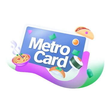A metro card illustrated in pastel colors, prominently displaying the words "Metro Card" in bold, white letters. Surrounding the title are small, colorful icons representing popular local dishes, such as a steaming bowl of noodles, a slice of pizza, a taco, and a sushi roll. Each icon has a slightly raised effect, giving the impression of texture. The background of the card is a soft gradient, transitioning from light blue at the top to pale pink at the bottom, creating an inviting and vibrant atmosphere.