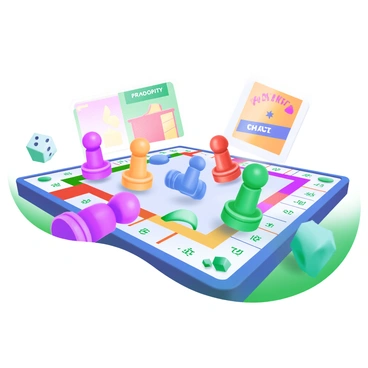 A modern pastel illustration depicting a vibrant game board with a variety of colorful monopoly pawns, including red, blue, green, and yellow. The pawns are shown in dynamic poses, giving the impression of racing across the board. The game board features classic elements such as property spaces and chance cards. In the background, a colorful community chest card and dice are partially visible, adding to the energetic atmosphere of the scene. The overall composition conveys a sense of competition and excitement.