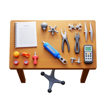 A variety of tools used for drone maintenance, including screwdrivers, wrenches, and pliers, are spread out on a wooden workshop table. There is a digital multimeter for testing electrical connections, a small vacuum for cleaning, and a set of replacement propellers neatly arranged. A maintenance manual is placed next to the tools, partially opened, and there are some small screws and nuts in containers nearby. The scene is well-lit, showcasing the organized setup of tools ready for use.