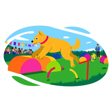 A rescue dog jumping through an obstacle course, showcasing muscular agility