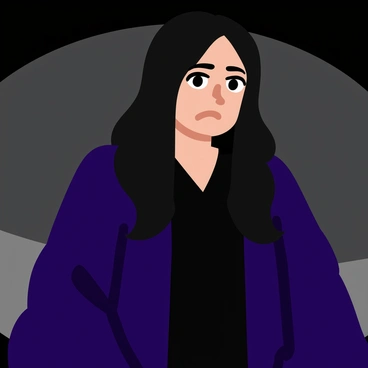A dramatic portrait of a character in dark robes, with a serious expression. The character has long black hair that falls around their face, enhancing the mysterious atmosphere. Sharp features define their face, with deep-set eyes that convey intensity. The background is a gradient of dark shades, drawing focus to the figure in the foreground. The robes are flowing and intricately detailed, with hints of subtle textures. The overall composition emphasizes the character's enigmatic presence.
