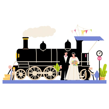A steam locomotive with a shiny black exterior is positioned at a quaint station platform. The locomotive has large, shiny wheels and a billowing cloud of steam rising from its chimney. On the platform, a couple stands side by side, dressed in formal wedding attire. The bride is wearing a flowing white gown and holding a bouquet of colorful flowers, while the groom is in a sharp black suit with a bow tie. Around them, decorative wedding banners and floral arrangements add a festive touch. The station has vintage wooden benches and a large clock showing the time. A few passengers wait nearby, smiling at the happy couple.