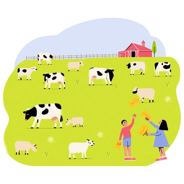 A vibrant farm scene featuring a bright green pasture filled with a variety of animals. Several cows with black and white spots are grazing leisurely on the grass, while a group of fluffy sheep are scattered around, munching on the greenery. In the foreground, two children, one wearing a red shirt and the other in a blue dress, are joyfully playing with golden bales of hay, tossing them into the air. A wooden fence runs along the edge of the pasture, and a quaint red barn is visible in the background under a clear blue sky.