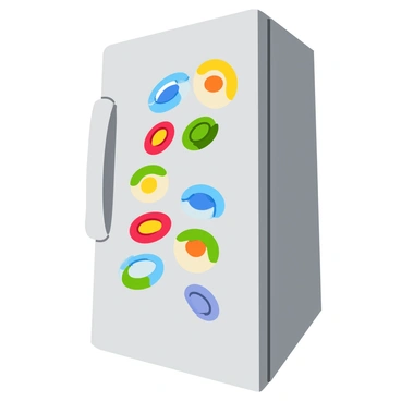 An assortment of colorful fridge magnets shaped like "bullseyes" attached to a shiny metal kitchen refrigerator. Each magnet features a distinct "color combination," including bright reds, blues, greens, and yellows. The magnets are arranged in a playful pattern, with some overlapping slightly, creating a dynamic display. The refrigerator is illuminated by soft light, highlighting the glossy surface of the magnets and the smooth texture of the fridge. A few magnets are slightly tilted, adding to the whimsical feel of the scene.