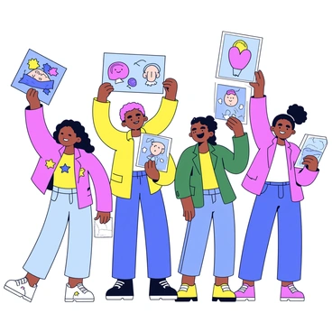 A group of artists stands together, each holding their unique pieces of artwork. The artists display a diverse range of styles and mediums, including paintings, sketches, and digital prints. They show passion and enthusiasm as they raise their artwork high, showcasing their creativity. The artists wear colorful clothing that reflects their individual personalities. Some have paint splatters on their clothes, indicating their dedication to their craft. The scene captures a sense of camaraderie and determination among the artists as they advocate for the importance of illustration in society.