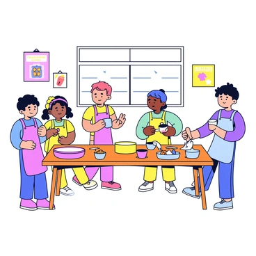 A bright kitchen with a large wooden table, where young children are gathered around, eagerly engaging in a gluten-free cooking class. The children, wearing colorful aprons, are focused on mixing ingredients in bowls. One child is measuring flour with a cup while another is stirring a bowl filled with gluten-free dough. On the table, various ingredients like fruits, nuts, and gluten-free flour are neatly arranged. The walls of the kitchen are adorned with cheerful food-themed decorations. A large window lets in natural light, creating a lively atmosphere.