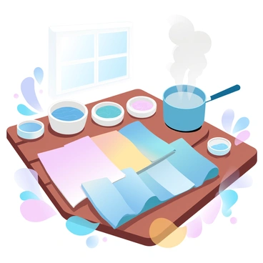 A collection of medium-sized fabric swatches is displayed on a wooden table. Each swatch is dyed with natural dyes in various hues, showcasing a gradient of colors ranging from soft pastels to deeper tones. Surrounding the swatches are small bowls containing different natural dye ingredients like beetroot, indigo, and turmeric. A pot of boiling water is nearby, with steam gently rising. The sunlight filters through a window, casting a warm glow over the scene and highlighting the textures of the fabric.