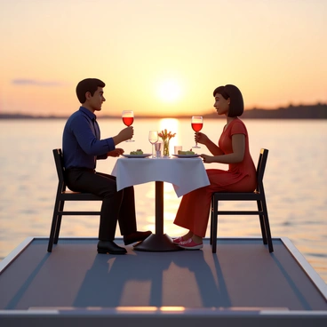 A couple seated at a small, elegantly set table on a barge. The man is wearing a navy blue button-up shirt and black trousers, while the woman is dressed in a flowing red dress. They are both smiling at each other, holding glasses of red wine. The table is adorned with a white tablecloth, a small vase of fresh flowers, and two plates with gourmet dinner dishes. As the sun sets in the background, it casts a warm golden glow across the scene, creating a picturesque view of the horizon with soft orange and pink hues blending in the sky. The water reflects the colors of the sunset, enhancing the romantic atmosphere.