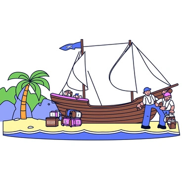 A pirate ship with dark wooden planks and billowing white sails is docked at a sandy beach of a remote island. The ship's flag features a skull and crossbones, fluttering in the breeze. Several pirates, dressed in classic pirate attire with tricorn hats and eye patches, are unloading barrels and crates from the ship. The barrels are marked with symbols, and the crates are made of weathered wood. In the background, lush green palm trees and rocky cliffs outline the island's shoreline. The scene captures the activity and energy of the pirates as they work together to transport their goods onto the island.