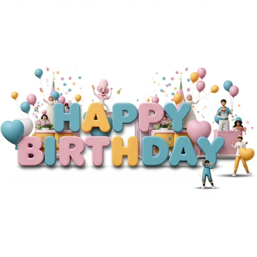 A birthday banner, featuring bright and colorful letters spelling out "Happy Birthday" in a large, bold font. The background displays a vibrant parade scene, complete with floats adorned with balloons and streamers. There are marching characters dressed in whimsical costumes, such as a clown with a big red nose and oversized shoes, a princess in a sparkling gown, and a superhero with a cape. The floats are decorated with flowers and confetti, and there are cheering spectators along the sides, holding colorful party hats and noisemakers.