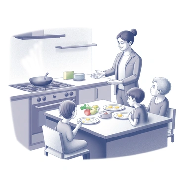 A kitchen scene depicting a busy morning. A parent is standing at the stove, cooking breakfast in a frying pan. There are various ingredients, such as eggs and vegetables, on the countertop. Two children are sitting at the table, eagerly waiting for their meal, with plates and utensils in front of them. An elderly person is seated nearby, engaged in conversation with one of the children. The kitchen is filled with warm light, highlighting the familial atmosphere of the morning routine.