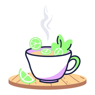 A steaming cup of citron tea is placed on a wooden table. The cup is white with a green handle and is filled with a light-colored liquid. Floating atop the tea are several thin slices of citron, their edges visible as they rest on the surface. Next to the slices, a vibrant green sprig of mint is positioned, adding a touch of freshness. The steam rises gently from the cup, creating a warm atmosphere around the scene. The wood grain of the table is visible, providing a natural setting for the tea.