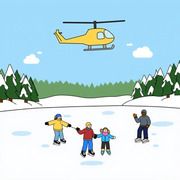 A bright yellow helicopter is flying high above a large, frozen lake. Below, several skaters are gliding across the ice, wearing colorful winter clothing. One skater is performing a spin, while another is holding hands with a child as they skate together. The scene is filled with bright blue skies and fluffy white clouds. In the background, snow-covered trees surround the lake, creating a picturesque winter landscape.