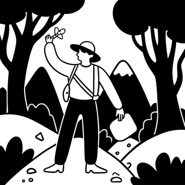 A traveler dressed in rugged outdoor attire holds a small glowing firefly in one hand, using it as a compass. The traveler stands on a narrow path amidst dense trees, with intricate branches reaching outwards. In the background, shadows of large rocks and distant mountains create depth in the wilderness. The ground is covered with leaves and scattered pebbles, adding to the natural setting of the night-time journey. The overall atmosphere is illuminated by the soft glow of the firefly, highlighting the traveler’s focused expression and determination.