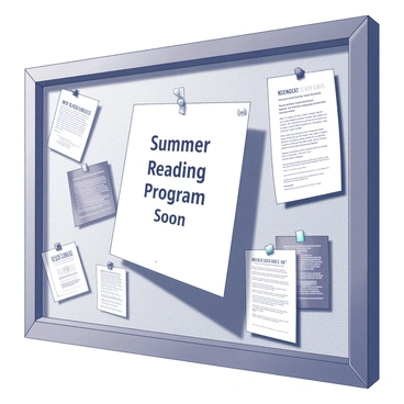 A public library notice board featuring various pinned papers and flyers. At the center, a prominent paper displays the text "Summer Reading Program Coming Soon" in bold letters. Surrounding the central notice are additional announcements and event flyers, each with clear text and different layouts. The notice board has a wooden frame, and there are visible pushpins and tape securing the papers. The background includes the texture of the wall where the board is mounted.