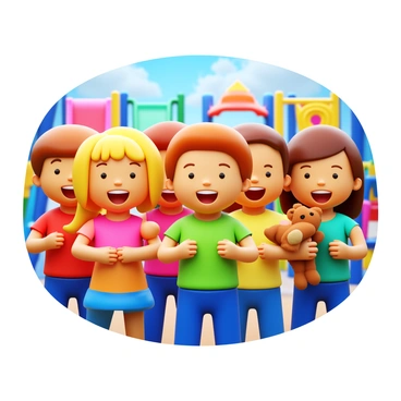 A group of children playfully imitating a chest press exercise. Each child holds a soft toy, such as a teddy bear or plush animal, against their chests. The scene takes place at a colorful playground with various equipment in the background, including slides and swings. The children's faces are joyful, filled with laughter as they engage in their playful activity. They are wearing brightly colored clothing suitable for outdoor play. Sunlight shines down, creating a cheerful atmosphere.
