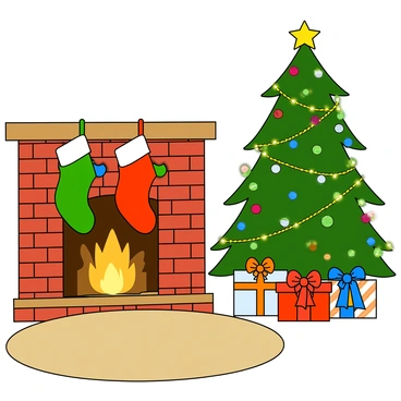 A cozy living room featuring a cheerful fireplace made of red bricks, with three colorful stockings hanging from the mantel. The stockings are green, red, and white, adorned with festive patterns. Nearby, a tall Christmas tree is decorated with shiny ornaments in various colors, twinkling lights, and a golden star at the top. The tree is surrounded by wrapped presents with colorful bows. The room has a soft, plush rug on the wooden floor and a comfortable sofa with throw pillows in holiday-themed designs. A warm glow from the fireplace illuminates the scene, adding to the festive atmosphere.