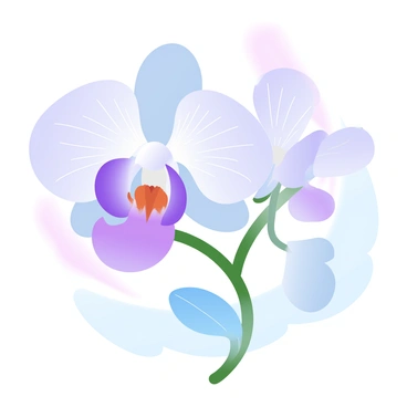 A close-up view of an orchid flower with delicate petals in vibrant shades of purple and white. The flower's intricate patterns and textures are clearly visible, showcasing the fine lines and subtle gradients on the petals. The background features soft gradient pastel colors that enhance the elegance of the orchid, creating a serene and harmonious atmosphere. The stem of the orchid is slender and green, adding a natural contrast to the colorful bloom. A few leaves with smooth surfaces are visible near the base of the flower, adding to the overall composition.