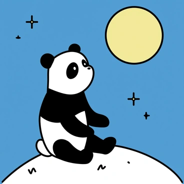 A panda bear, with distinctive black patches around its eyes and ears, is sitting on a grassy hill. Its fluffy white and black fur contrasts with the deep blue night sky. The panda is gazing up at a large, luminous full moon, which casts a gentle, soft light over the serene landscape. Subtle stars twinkle in the background, highlighting the calmness of the night. The hill has a gentle slope, covered with small patches of grass and a few scattered rocks.