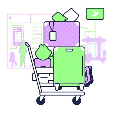 A stack of suitcases and bags is arranged on a trolley at the terminal. The trolley has a metal frame with four wheels, creating stability for the luggage. The top suitcase is purple and has a textured exterior, while below it, there is a larger green suitcase with a smooth surface and a retractable handle. Several soft bags in varying sizes are piled beside the suitcases. A travel tag hangs from one of the bags, and a pair of travel pillows are resting atop the luggage. In the background, there are signs indicating different flight destinations and a glimpse of other travelers moving through the terminal.