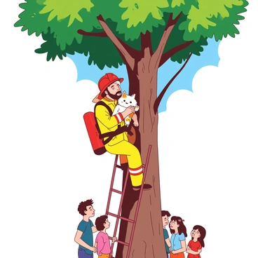 A tall tree with thick green leaves stands prominently in the scene. A brave firefighter, wearing a bright red helmet and a yellow protective suit, is climbing the tree on a sturdy ladder. In his arms, he cradles a small, fluffy kitten with white fur and orange patches, looking frightened but safe. The firefighter's expression shows determination as he carefully descends the ladder. Below, a group of onlookers, including children and adults, watch anxiously, some with looks of relief. The sky above is clear and bright, adding to the sense of urgency and hope in the scene.