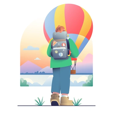 A backpacker with light brown hair is standing beside a colorful hot air balloon, preparing to board. The hot air balloon features bright patterns in shades of red, blue, and yellow. The scene is set at sunrise, with soft hues of orange and pink filling the sky, casting a warm glow over the landscape. The backpacker is wearing a green jacket and carrying a large, grey backpack with various patches. In the background, the silhouette of distant mountains is visible under the early morning light. The ground is covered with dewy grass, glistening in the gentle sunlight.
