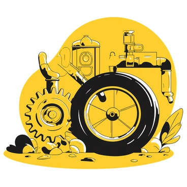 A black bike tire lying on the ground next to large metallic gears. The gears are rusted and have intricate details showing their texture and design. In the background, there are pipes and machinery that create an industrial atmosphere. The ground is made of concrete, with scattered debris and oil stains. The lighting casts shadows, emphasizing the size of the gears and the tire.