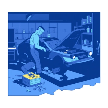 A blue mechanic is focused on repairing a car in a dimly lit workshop. The mechanic wears a dark gray jumpsuit and has a headlamp illuminating the engine. Nearby, there are various tools scattered on a workbench, along with a large yellow toolbox. The walls of the shop are lined with shelves filled with spare parts, and a flickering overhead light adds to the atmosphere of the scene. Shadows fall across the floor, highlighting the mechanic's concentration and the intricate details of the vehicle.