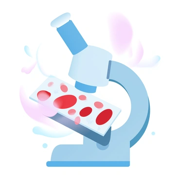 A microscope is positioned over a glass slide, showcasing a vibrant display of blood cells. Numerous red blood cells are prominently visible, characterized by their disc shape and vivid red hue. Among them, several white blood cells with varying sizes and shapes can be seen, some appearing larger with a more irregular form. The background is a soft gradient of pastel colors, enhancing the focus on the blood cells. A small magnification indicator is visible, demonstrating a magnification level of "1000x." The scene is illuminated by a gentle light source from the microscope, creating a clear and detailed view of the blood cells.