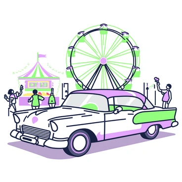 A classic 1950s car is parked prominently at a fairground. The car has a sleek design with chrome accents and glossy paint. In the background, a large ferris wheel is towering, illuminated with bright lights that create an inviting atmosphere. Surrounding the ferris wheel, there are various stalls and attractions featuring colorful signs and vibrant decorations. The ground is bustling with people enjoying the fair, some holding cotton candy while others are playing games. The scene is filled with excitement and energy, capturing the lively spirit of the fair.