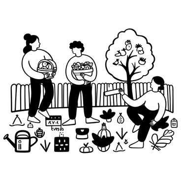 A group of three friends in a community garden gathering various fruits and vegetables. One friend is holding a basket filled with ripe tomatoes and cucumbers, while another is carefully picking apples from a tree. The third friend is kneeling beside a patch of carrots, pulling them from the soil. The garden is surrounded by lush greenery, with rows of plants labeled with small wooden signs. A wooden fence encircles the garden, and there are tools like a watering can and a trowel resting on the ground nearby.