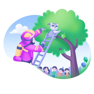 A firefighter climbing a ladder to rescue a kitten from a tree