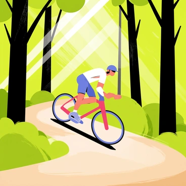 A sleek speed bike in vibrant colors is gliding along a narrow dirt path through a dense forest. The bike has aerodynamic features and shiny wheels that reflect the light. Tall trees with thick trunks and lush green leaves surround the path, creating a canopy overhead. Shafts of sunlight break through the foliage, illuminating patches of the ground and casting long shadows. The scene conveys a sense of motion and adventure through the natural, vibrant setting.