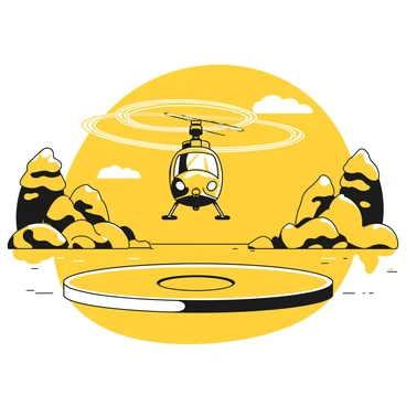 A helicopter is descending towards a floating helipad situated on a calm lake. The helipad is circular and surrounded by water, with a clear outline clearly visible. The helicopter's rotors are spinning rapidly as it approaches the helipad. Reflections of the helicopter and the helipad can be seen on the surface of the water, creating a symmetrical appearance. In the background, there are trees lining the shore of the lake. The sky above is clear, allowing for unobstructed sunlight to illuminate the scene.