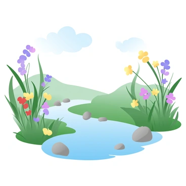 A lush riverbank is depicted with a variety of colorful wildflowers in vibrant shades of purple, yellow, and red scattered throughout the scene. Tall grasses are seen swaying gently in the breeze, their green blades catching the light. The river flows nearby, reflecting the surrounding colors, while a few smooth stones are positioned along the water's edge. Fluffy clouds drift in a clear sky above, adding to the serene atmosphere of this natural setting.