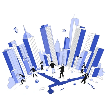 A cityscape is depicted with tall buildings swaying as if in motion. The architecture varies, showcasing a mix of modern skyscrapers and older structures. People are on the streets, with expressions of surprise and concern, some are running while others are stopping to look around. Debris is falling from some of the buildings, creating an atmosphere of urgency. The ground is illustrated with cracks appearing, indicating the force of the earthquake. The skyline is visible in the background, with a slight distortion to suggest the shaking effect.