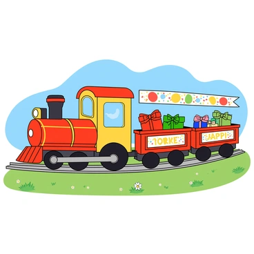 A miniature train decorated with birthday banners and gifts
