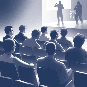 An audience composed of men and women seated in a darkened theater. They are focused intently on the stage, with expressions of concentration and emotion on their faces. Some audience members are leaning forward in their seats, while others are sitting back with their arms crossed. The figures are silhouetted in the low light, creating a sense of depth and engagement. The stage itself is partially illuminated, hinting at a dramatic scene taking place, with props and figures visible in the brightened area. The overall atmosphere reflects the tension and intrigue of the performance.