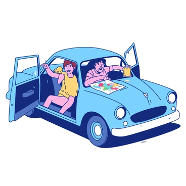 A group of young friends, three in total, are packed into an old blue car with the doors open. The interior is filled with colorful maps and various snacks scattered across the seats and dashboard. One friend is sitting in the driver's seat, grinning widely, while another leans out of the passenger window with an excited expression. The third friend is in the backseat, reaching for a bag of chips. The car has a slightly faded exterior, with a few patches of rust, and is parked under a clear sky, suggesting the start of a fun road trip.