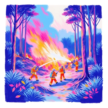 A dense forest is filled with flames, creating an intense scene of fire and smoke. Firefighters in bright orange uniforms are actively working to control the spreading flames. Some firefighters are spraying water from hoses, aiming directly at the fire. Others are carrying equipment through the thick underbrush. The trees surrounding them are partially consumed by fire, with vibrant orange and red flames contrasted against dark smoke. The ground is scattered with fallen leaves and branches. In the background, more trees are visible, their trunks charred by the heat.