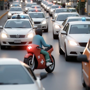 A sleek, red medical motorcycle is speeding through a busy city street, weaving between cars. The motorcycle features a bright white cross symbol on its side, indicating its medical purpose. The sirens are flashing brightly, casting red and blue lights that reflect off the surrounding vehicles. The rider, dressed in a black helmet and a blue medical uniform, leans forward, focused on navigating through the traffic. Cars in the lanes beside the motorcycle appear startled, with some drivers looking in the direction of the approaching emergency vehicle. The scene captures a sense of urgency and movement, with the blurred background emphasizing the speed of the motorcycle.